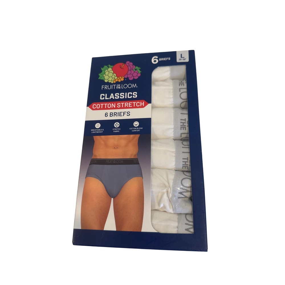 Fruit of the Loom Classic Cotton Stretch Briefs 6 Pack Mens Large White Grey NEW